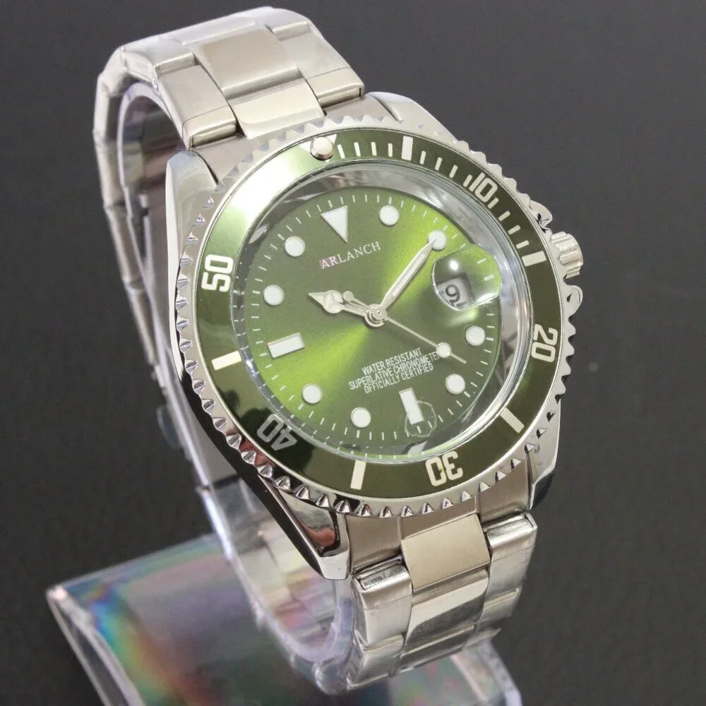 Men's Diver Style Watch Green Uni-directional Bezel Stainless Bracelet 40mm